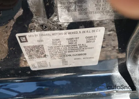 2020 GMC Sierra 1500 4Wd Short Box Slt z USA, uszkodzony, nr VIN 3GTU9DED9LG238939